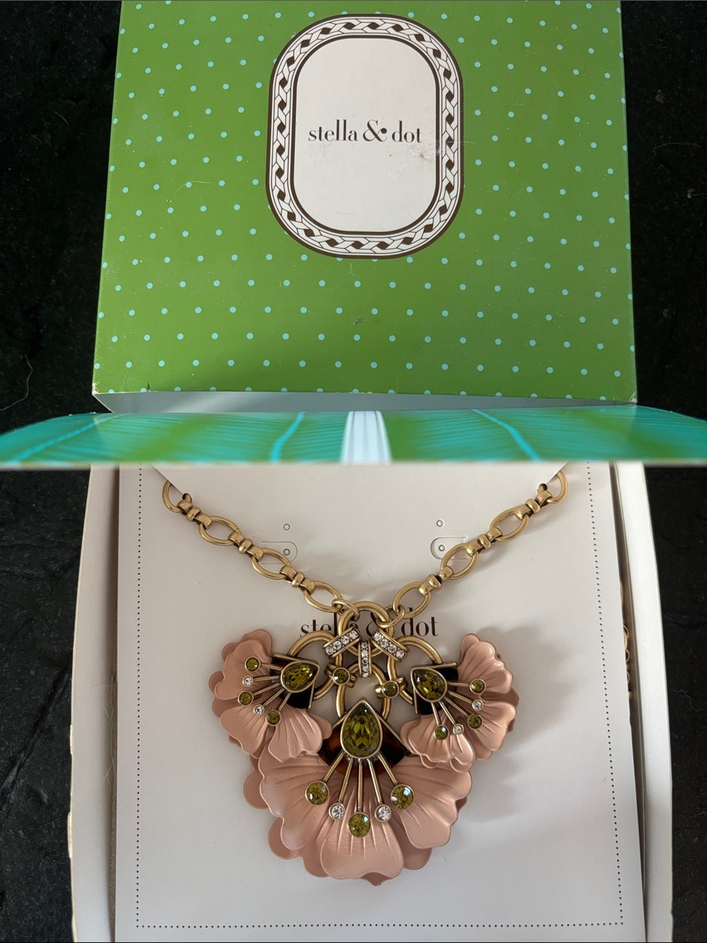 Stella & Dot Blush Pink Floral Pendant Necklace with Olive-Green Crystals